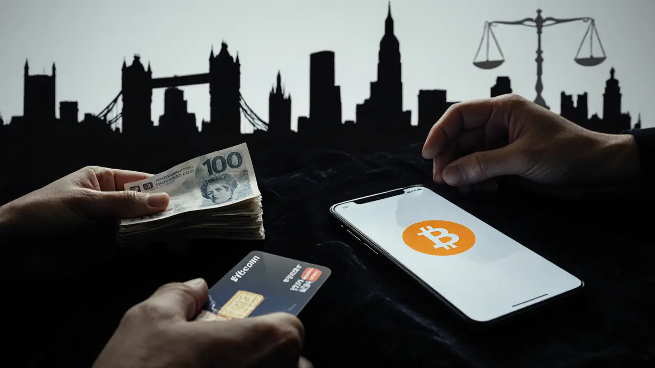 Close-up of cash, prepaid card, and crypto phone against London skyline.