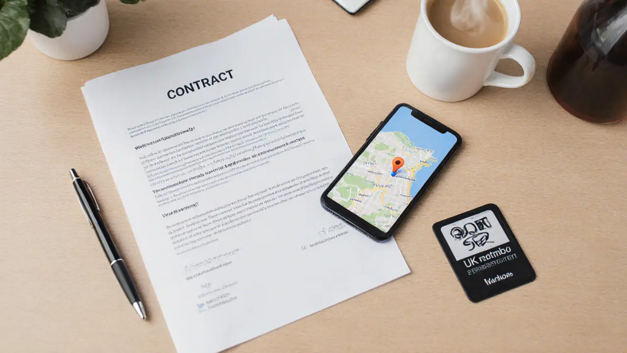Desk showing a contract, phone location pin, and safety items in an office setting.