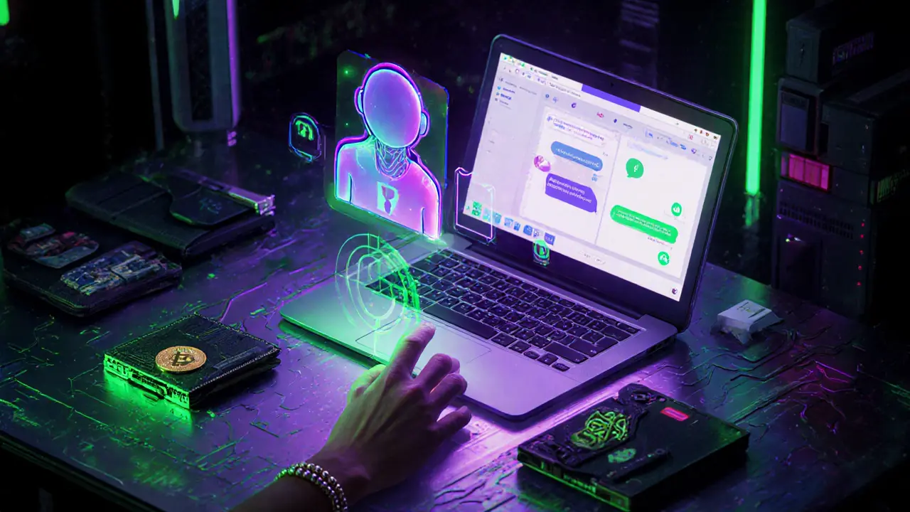 Desk with crypto wallet, laptop, and glowing AI chatbot icon representing secure payments.