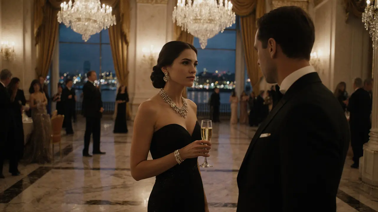 Elegant woman in evening gown networking at a charity gala with city night view.