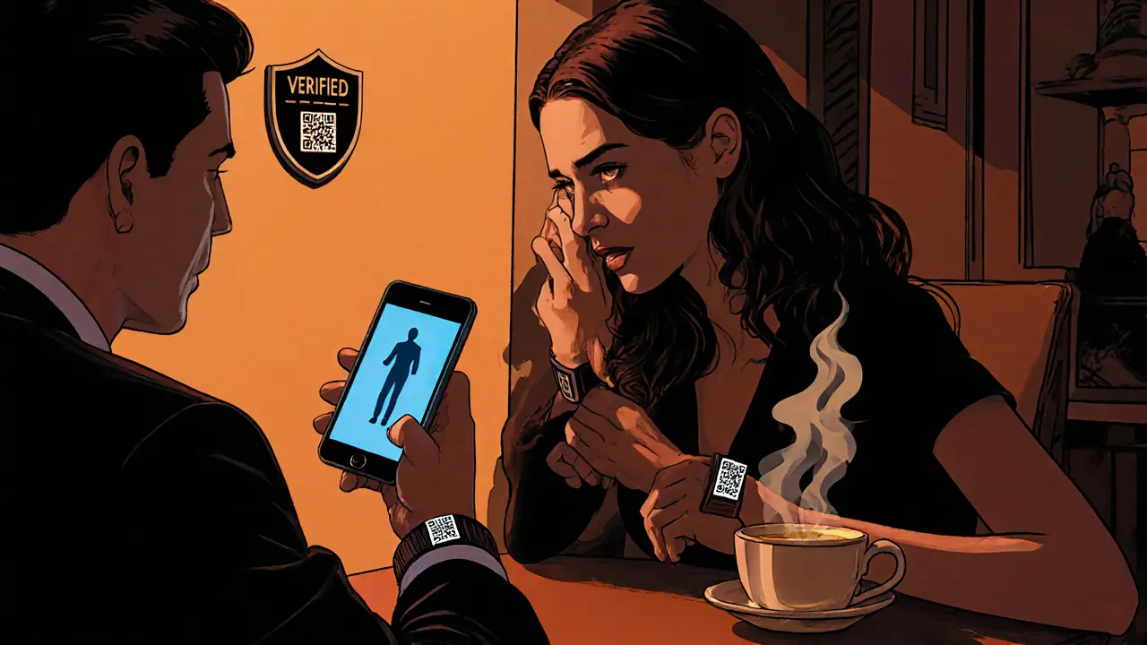 Escort and client using safety app and QR wristbands in a warm café.