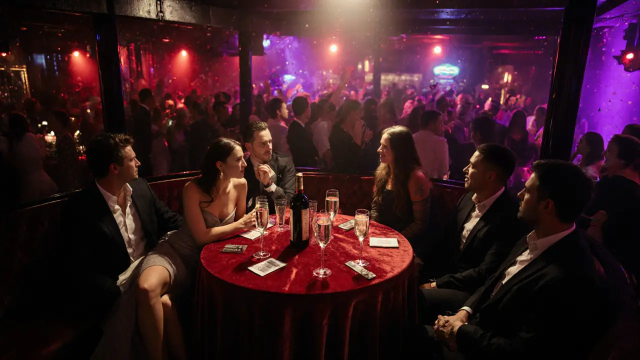 Escort at a VIP club table with champagne, surrounded by an energetic crowd.