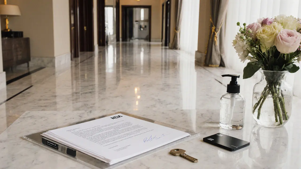 Hotel suite hallway with a desk displaying a clear NDA folder, keycard, sanitizer, and bouquet.