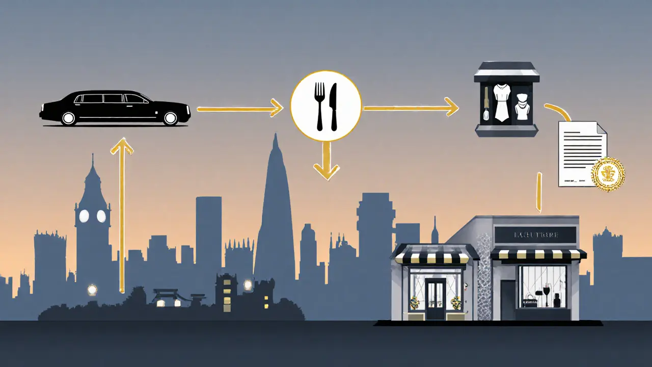 Illustrated scene showing money, transport, dining and legal symbols around the London skyline.