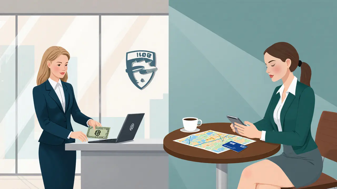 Split illustration of agency office vs coffee shop booking with escort.