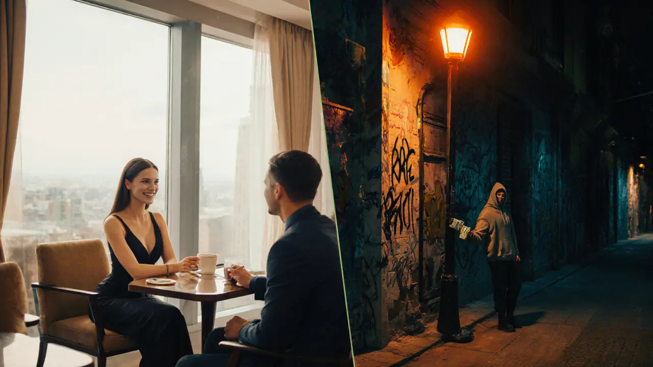 Split view contrasting a refined hotel lounge meeting with a shady alley street exchange.