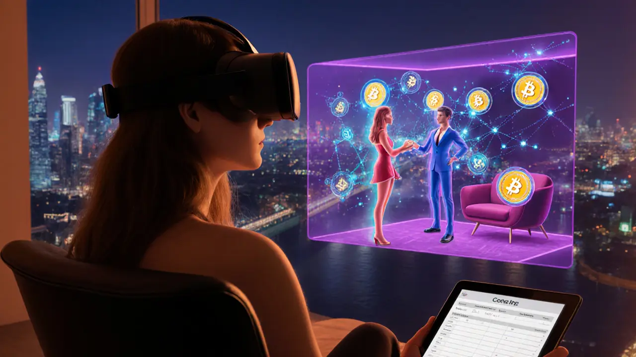 Woman in VR headset experiencing a virtual companion with holographic crypto symbols.